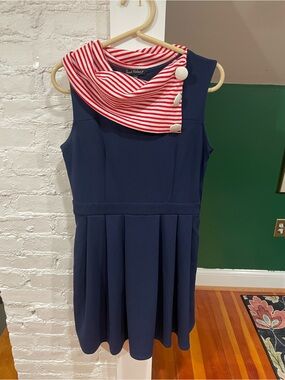 Navy Sleeveless Pleated Dress with Red & White Striped Scarf Detail